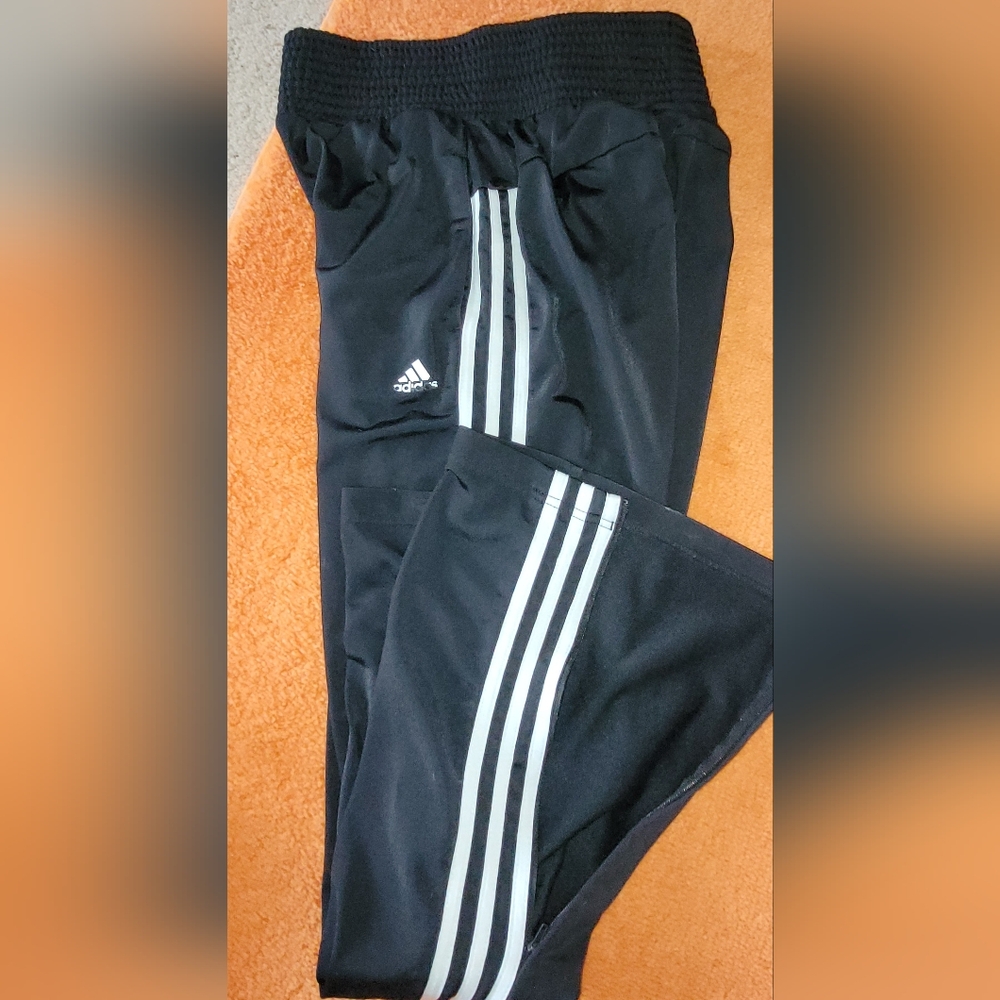 Adidas Womens Black Joggers with White Stripes. Zipper On Bottom Of Leg